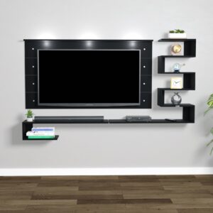Superb LED Light Installed Wall Mount Engineered Wood TV Entertainment Unit/LED Panelwith Wall Shelves for Living Room Black Finish (Ideal for up to 43") Screen