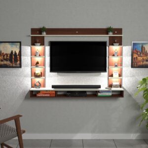 Stark LED Light Installed Wall Mount Engineered Wood TV Entertainment Unit/Tv Rack with Wall Shelves for Living Room Classic Walnut & Frosty White (Ideal for up to 43") Screen