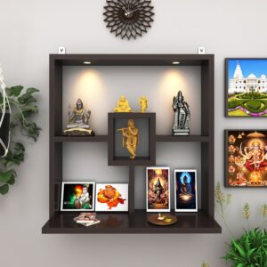 TATTVA Beautiful Wooden Pooja Stand for Home, Temple, Office, Wall Mounted Puja Mandir with LED Spot Light, Color ( Wenge )