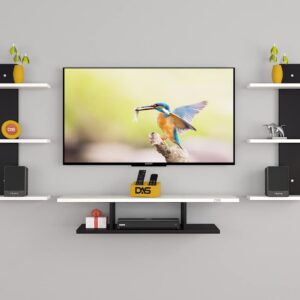 Dexter Pro Max Wall Mount TV Entertainment Unit/with Set Top Box Stand with Wall Shelf Display Rack for Living Room Black & Frosty White (Ideal for up to 43") Screen