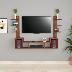 Konrad Pro Wall Mount Engineered Wood TV Entertainment Unit/Tv Rack Set to Box Stand with Wall Shelves for Living Room Classic Walnut Finish (Ideal for up to 55") Screen