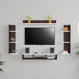 Caden Engineered Wood Wall Mount TV Unit/TV Rack with Wall Shleves for Up to 32" Screen- Flowery Wenge & Frosty White Finish