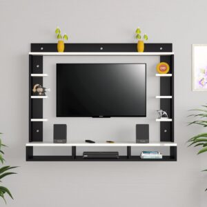 Decker Wall Mount Engineered Wood TV Entertainment Unit/Tv Rack Set to Box Stand with Wall Shelves for Living Room Black & Frosty White Finish (Ideal for up to 32") Screen