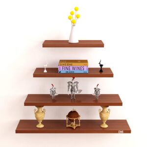 Contemporary Style Wall Mounted Engineered Wood Wall Décor Shelf/Shelves Display Rack for Living Room Classic Walnut (Set of 4)- Xerxes