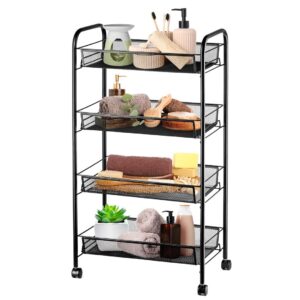 Halter 4-Tier Rolling Basket Stand, Full Metal Rolling Trolley for Kitchen & Bathroom - Four Tier Storage Cart w/Shelves & Wheels - 33” X 17.25” – Black