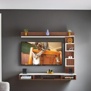 Hubert MINI Wall Mount Engineered Wood TV Entertainment Unit/Tv Rack Set to Box Stand with Wall Shelves for Living Room Classic Walnut & Frosty White Finish (Ideal for up to 43") Screen