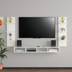 Bolivar High Strength Engineered Wood Wall Mount TV Entertainment Unit/with Set Top Box Stand and 6 Wall Shelf Display Rack for Living Room Frosty White Large(Ideal for Up to 55") Screen