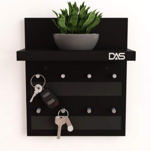 Engineered Wood Wall Mounted Home Dcor Key Chain Holder/Organizer Key Hooks with Wall Shelf Display Rack for Home and Office Walls Classic Series Black (8 Knobs)- Larose