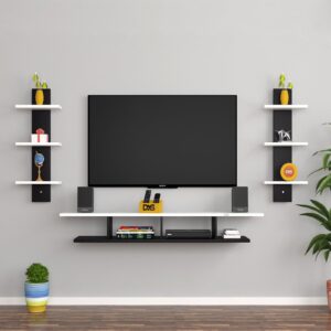 Volker Pro Wall Mount Engineered Wood TV Entertainment Unit/Tv Rack Set to Box Stand with Wall Shelves for Living Room Black & Frosty White Finish (Ideal for up to 55") Screen