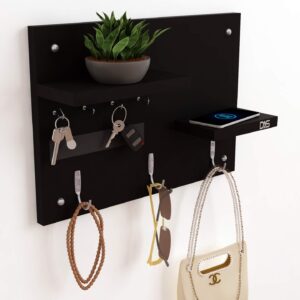 Engineered Wood Wall Mounted Key Hooks with Double Wall Shelf Display Rack Ideal for Home Décor Key Chain Holder/Organiser - Black (7 Hooks)