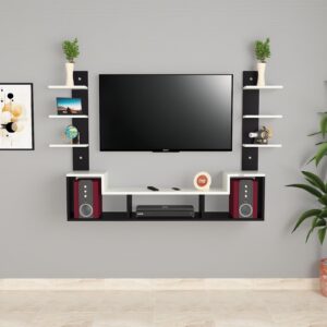 Konrad Pro Wall Mount Engineered Wood TV Entertainment Unit/Tv Rack Set to Box Stand with Wall Shelves for Living Room Black & Frosty White Finish (Ideal for up to 43") Screen