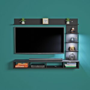 Ambience LED Light Installed Wall Mount Engineered Wood TV Entertainment Unit/Tv Rack Set to Box Stand with Wall Shelves for Living Room Black Finish (Ideal for up to 43") Screen