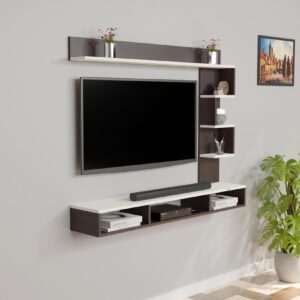 Hubert Pro Wall Mount Engineered Wood TV Entertainment Unit/Tv Rack Set to Box Stand with Wall Shelves for Living Room Flowery Wenge & Frosty White Finish (Ideal for up to 43") Screen