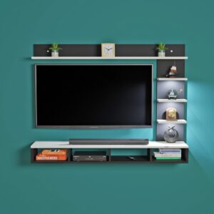 Ambience LED Light Installed Wall Mount Engineered Wood TV Entertainment Unit/Tv Rack Set to Box Stand with Wall Shelves for Living Room Black & Frosty White Finish (Ideal for up to 43") Screen