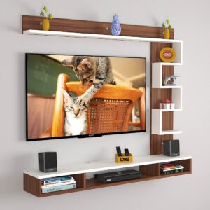 Hubert Engineered Wood Wall Mount TV Entertainment Unit Stand Set TOP Box Stand with Shelves and Display Rack Classic Walnut & Frosty White- Ideal for UP to 55 Inch Screen