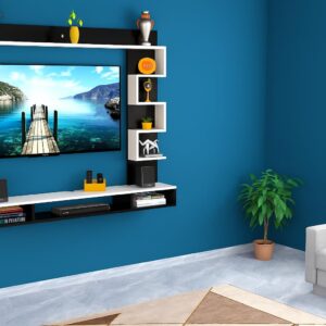 Hubert Engineered Wood TV Entertainment Unit Stand Set TOP Box Stand with Shelves and Display Rack Black & Frosty White- Ideal for UP to 43 INCH Screen