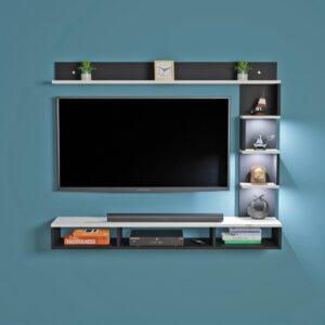 Hubert LED Light Installed Wall Mount Engineered Wood TV Entertainment Unit/Tv Rack Set to Box Stand with Wall Shelves for Living Room Black & Frosty White Finish (Ideal for up to 43") Screen