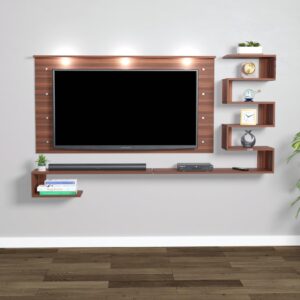Superb LED Light Installed Wall Mount Engineered Wood TV Entertainment Unit/LED Panelwith Wall Shelves for Living Room Classic Walnut Finish (Ideal for up to 55") Screen