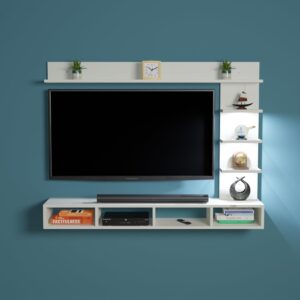 Ambience LED Light Installed Wall Mount Engineered Wood TV Entertainment Unit/Tv Rack Set to Box Stand with Wall Shelves for Living Room Frosty White Finish (Ideal for up to 43") Screen