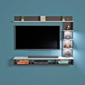 Hubert LED Light Installed Wall Mount Engineered Wood TV Entertainment Unit/Tv Rack with Wall Shelves for Living Room Flowery Wenge & Frosty White (Ideal for up to 43") Screen