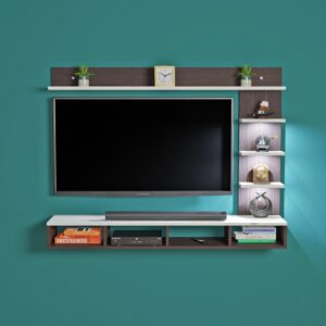 Ambience LED Light Installed Wall Mount Engineered Wood TV Entertainment Unit/Tv Rack with Wall Shelves for Living Room Flowery Wenge & Frosty White (Ideal for up to 43") Screen