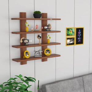 Wall Mount Multipurpose Living Room Wall Shelf/Display Rack Classic Walnut (4 Shelves)- Siya
