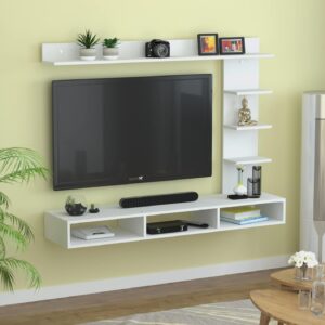 AMBIENCE MINI Wall Mount Engineered Wood TV Entertainment Unit/Tv Rack Set to Box Stand with Wall Shelves for Living Room Frosty White Finish (Ideal for up to 43") Screen