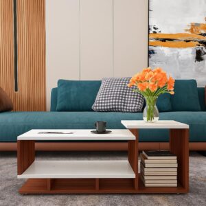 Floral Engineered Wood Coffee Table/Tea POY/Centre Table for Living Room- Classic Walnut & Frosty White