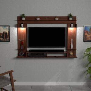 Cabiar LED 32 Light Installed Wall Mount Engineered Wood TV Entertainment Unit/Tv Rack Set to Box Stand with Wall Shelves for Living Room Classic Walnut Finish (Ideal for up to 43") Screen