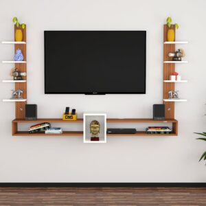 Rudolf Engineered Wood Wall Mount TV Entertainment Unit/Tv Rack Set to Box Stand with Wall Shelves for Living Room Classic Walnut & Frosty White (Ideal for up to 65") Screen