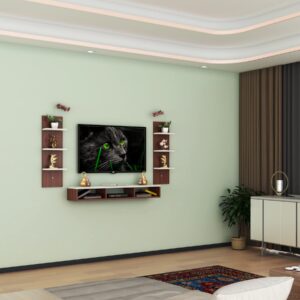 Bolivar Wall Mount TV Entertainment Unit/with Set Top Box Stand and 6 Wall Shelf Display Rack for Living Room Classic Walnut & White Small (Ideal for up to 43") Screen