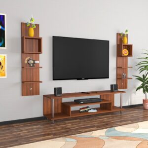 Calix Engineered Wood Freestanding TV Entertainment Unit/Tv Rack Set to Box Stand with Wall Shelves for Living Room (Ideal for up to 55") Screen Classic Walnut Finish
