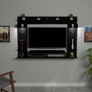 Cabiar LED 32 Light Installed Wall Mount Engineered Wood TV Entertainment Unit/Tv Rack Set to Box Stand with Wall Shelves for Living Room Black Finish (Ideal for up to 43") Screen