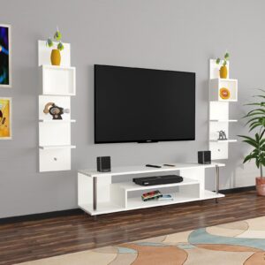 Calix Engineered Wood Freestanding TV Entertainment Unit/Tv Rack Set to Box Stand with Wall Shelves for Living Room (Ideal for up to 55") Screen Frosty White Finish