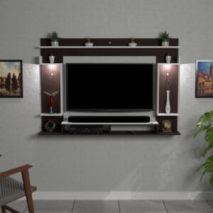 Cabiar LED 32 Light Installed Wall Mount Engineered Wood TV Entertainment Unit/Tv Rack Set to Box Stand with Wall Shelves for Living Room Flowery Wenge & Frosty White Finish