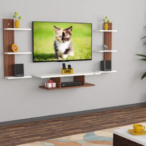 Dexter Wall Mount TV Entertainment Unit/with Set Top Box Stand with Wall Shelf Display Rack for Living Room Classic Walnut & Frosty White (Ideal for up to 24") Screen