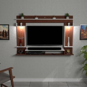 Cabiar LED 32 Light Installed Wall Mount Engineered Wood TV Entertainment Unit/Tv Rack with Wall Shelves for Living Room Classic Walnut & Frosty White (Ideal for up to 43") up to 43" Screen