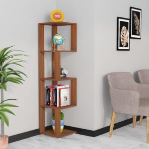 Peter Engineered Wood Floor Standing Corner Shelf Display Rack Unit for Living Room- Classic Walnut