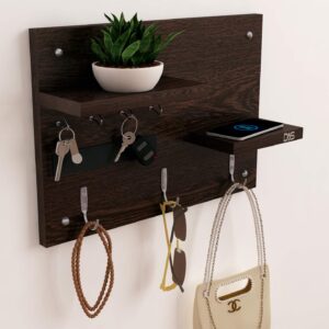 Wall Mounted Home Décor Key Chain Holder/Organizer Key Hooks with Double Wall Shelf Display Rack Wenge (7 Hooks)- Diana