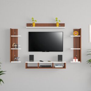 Caden Engineered Wood Wall Mount TV Unit/TV Rack with Wall Shleves for Up to 32" Screen- Classic Walnut & Frosty White Finish