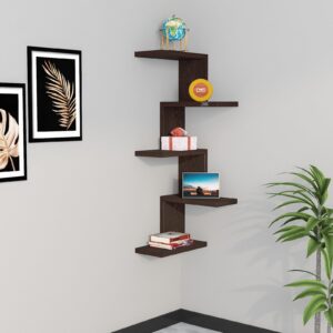 Rikard Engineered Wood Wall Mount Corner Shelf Display Rack Unit for Living Room- Flowery Wenge