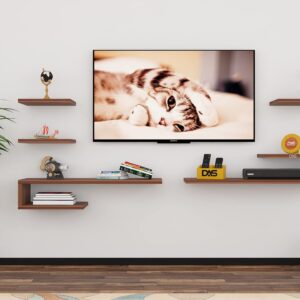 Wall Mount TV Entertainment Unit/with Set Top Box Stand and 3 Wall Shelves Display Rack for Office and Livingroom Walls Classic Walnut (Ideal for up to 43") Screen- Zeenat