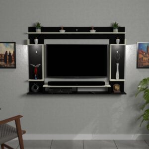 Cabiar LED 32 Light Installed Wall Mount Engineered Wood TV Entertainment Unit/Tv Rack Set to Box Stand with Wall Shelves for Living Room Black & Frosty White Finish up to 43" Screen
