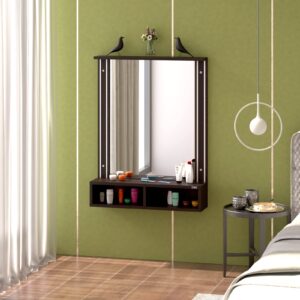 Bárbara Engineered Wood Wall Mount Dressing Table Vanity Mirror with Storage Shelves - Flowery Wenge
