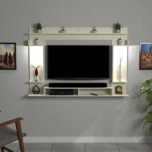 Cabiar LED 32 Light Installed Wall Mount Engineered Wood TV Entertainment Unit/Tv Rack Set to Box Stand with Wall Shelves for Living Room Frosty White Finish (Ideal for up to 43") Screen