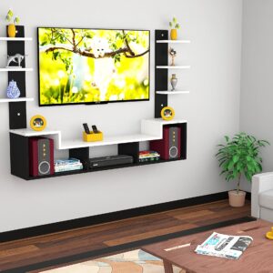 Konrad Wall Mount TV Entertainment Unit/with Set Top Box Stand and Wall Shelf Display Rack for Living Room Black & White (Ideal for up to 43") Screen