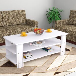 Leonid Engineered Wood Contemporary Style Rectangular 3 Layer Coffee/Centre Table with Metal Stripped Legs for Living Room- Frosty White