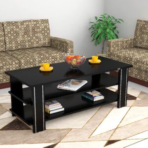 Leonid Engineered Wood Contemporary Style Rectangular 3 Layer Coffee/Centre Table with Metal Stripped Legs for Living Room- Black