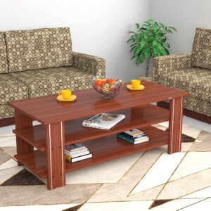 Leonid Engineered Wood Contemporary Style Rectangular 3 Layer Coffee/Centre Table with Metal Stripped Legs for Living Room- Classic Walnut