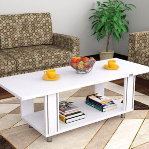 Serene Engineered Wood Contemporary Style Rectangular Coffee/ Centre Table With Metal Legs Stripped Design For Living Room- Frosty White